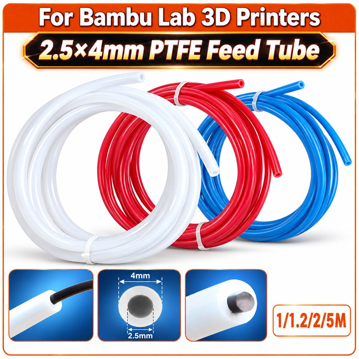 Ptfe Tape Thread - Bambu Lab AMS X1C、P1S、P1P、A1、AMS-Lite対応、2.5×4mmのPTFEテフロンチューブ。低摩擦、1.75mmフィラメント用。3Dプリンターの交換部品。