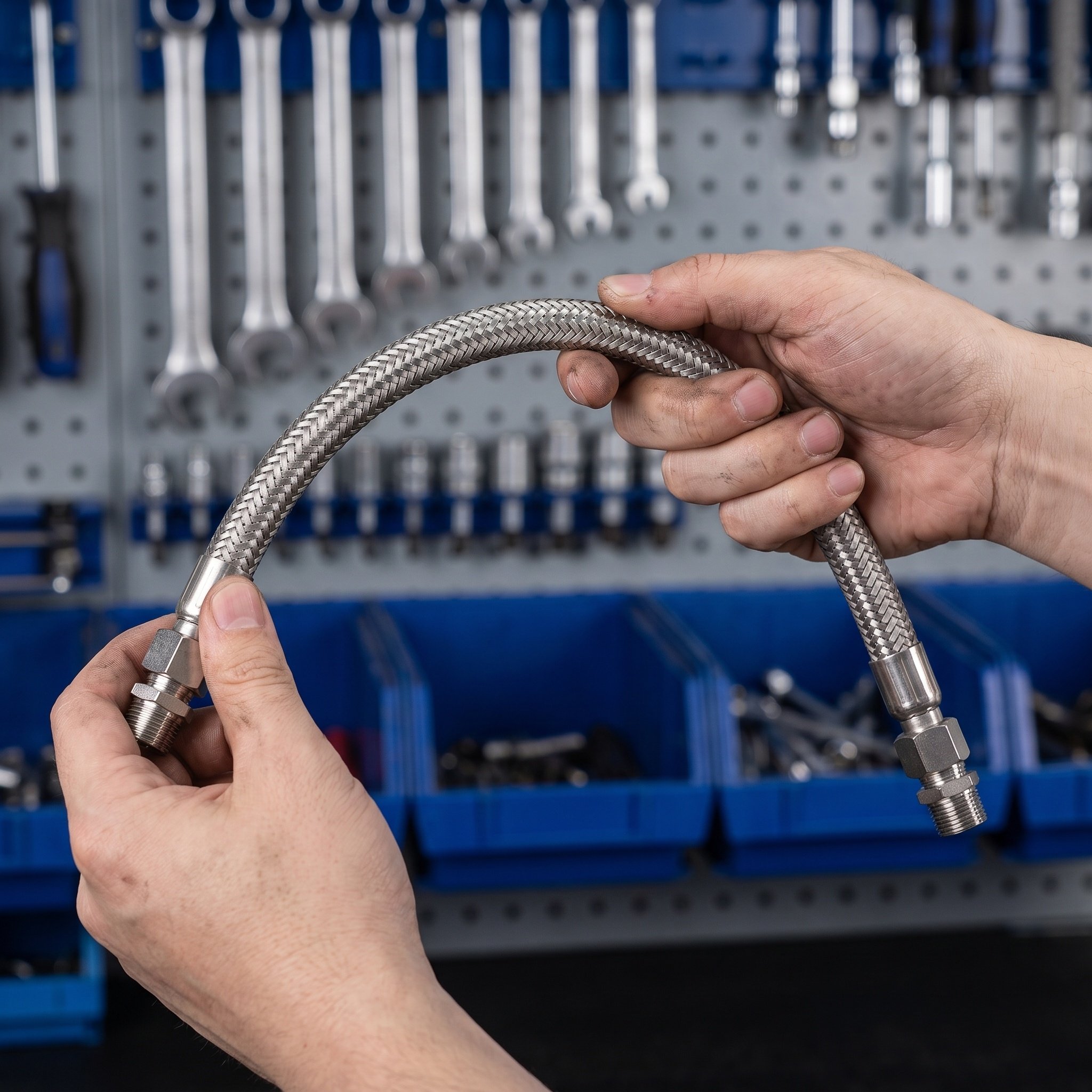 Flexible Hose Braided - 1セット、工業用グレードのエアコンプレッサーホース、柔軟性のあるステンレス鋼編み込みジャンパーホース、高圧対応450Psi、耐熱750F。