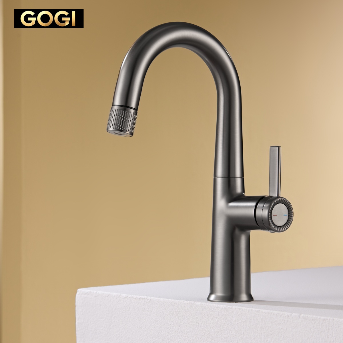 Basin Mixer Cartridge - GOGI製、真鍮製、ガンメタルグレーの引き出し式洗面台用混合水栓。3種類の噴射モード、セラミックカートリッジ、温水・冷水対応。